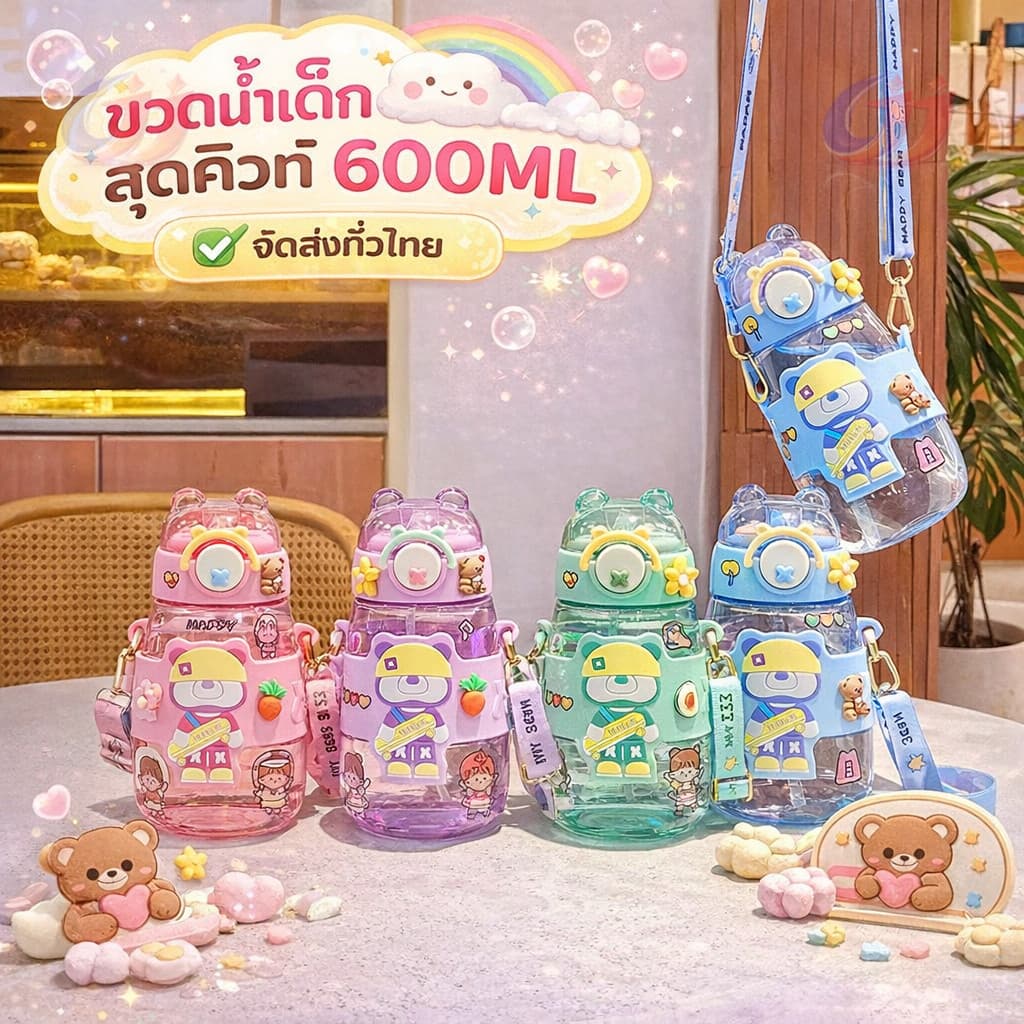 สะพายข้างได้ ขวดน้ำเด็ก600MLความจุสูง หลากหลายรูปแบบให้เลือก รูปแบบการ์ตูนน่ารัก การ์ตูนสุดฮิตปลอดภัย สดใสขวดน้ำคุณภาพดี รูปที่ 4