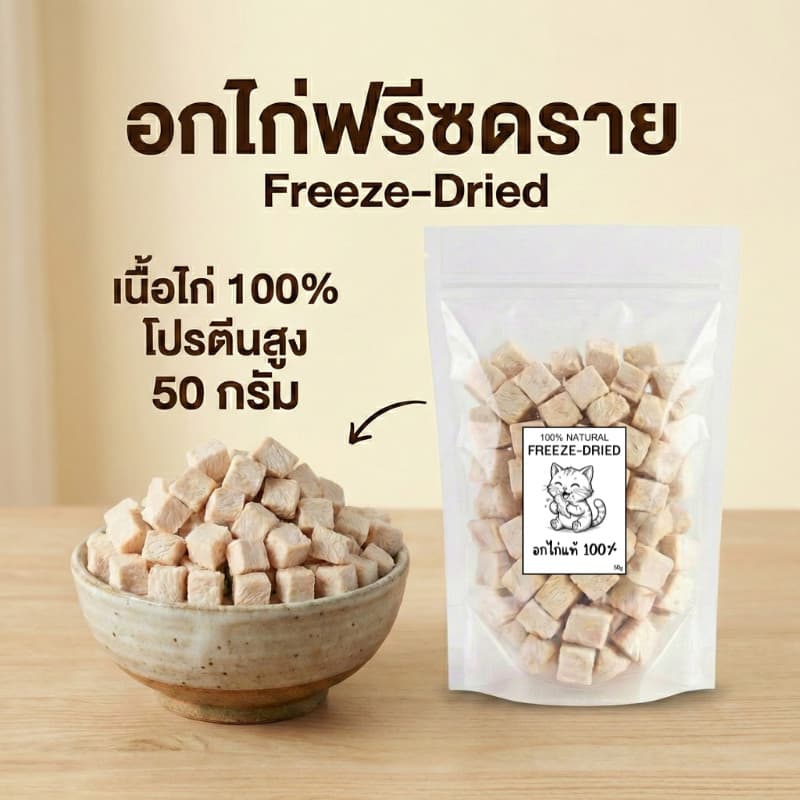อกไก่ฟรีซดราย เนื้อไก่แท้100% อกไก่เต๋า ฟู้ดเกรด ขนมแมว โปรตีนสูง Freeze Dried รูปที่ 2