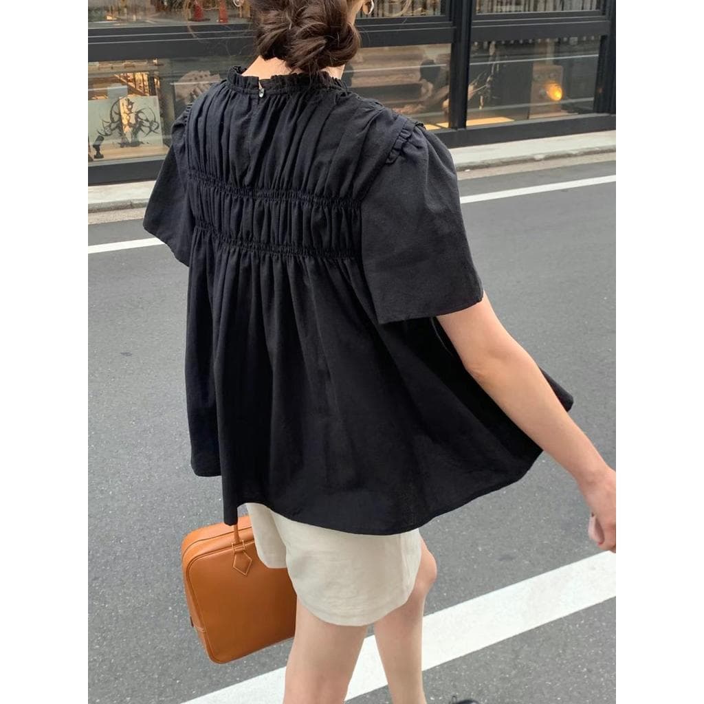 Baby Grape เสื้อเชิ้ตแขนพองผู้หญิง แขนสั้น เสื้อทรงหลวม ลำลอง ลูกไม้ ระบาย สไตล์เกาหลี#W628 รูปที่ 4