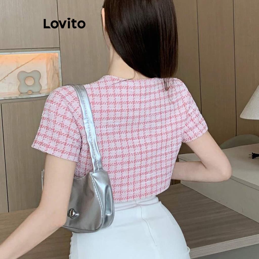 Lovito สง่างาม ฤดูใบไม้ผลิและฤดูร้อนเสื้อผูกด้านหน้าพื้นผิวผ้าลายสก๊อตลูกไม้ขึ้นเสื้อผู้หญิง L90AD001 รูปที่ 3