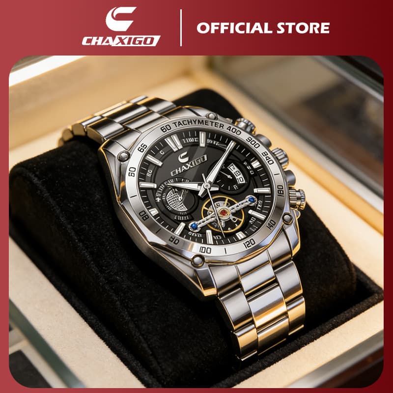 Chaxigo นาฬิกาผู้ชาย กันน้ำ 100% รุ่นใหม่ ดีไซน์หรูหรา หน้าปัดใหญ่ 44mm สแตนเลส เรืองแสง เหมาะทำงาน พร้อมส่ง รุ่น 7667-1songkran
