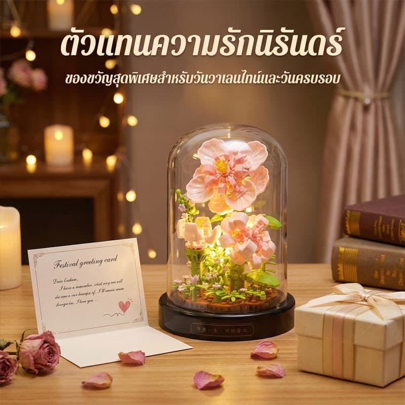 ตัวต่อดอกไม้ DIY บล็อกจิ๋ว ทานตะวัน ดอกกุหลาบขวดโหล ไฟ LED ของเล่นเด็ก ของขวัญวันวาเลนไทน์ 3D ตัวต่อ รูปที่ 3