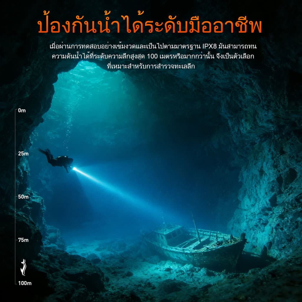 ไฟดำน้ำทรงพลัง SUPERFIRE DL02 20W LED สูงสุด 2000 ลูเมน ใต้น้ำ 100 เมตร สำหรับความปลอดภัยใต้น้ำ ดำน้ำลึก ถ้ำลึก สนอร์เกิล รูปที่ 6