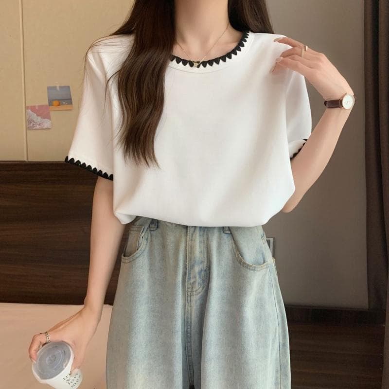 เสื้อสตรีแขนสั้นทรงหลวมขนาดใหญ่ เสื้อยืดฤดูร้อน เสื้อท่อนบนซ่อนหน้าท้อง รูปที่ 6