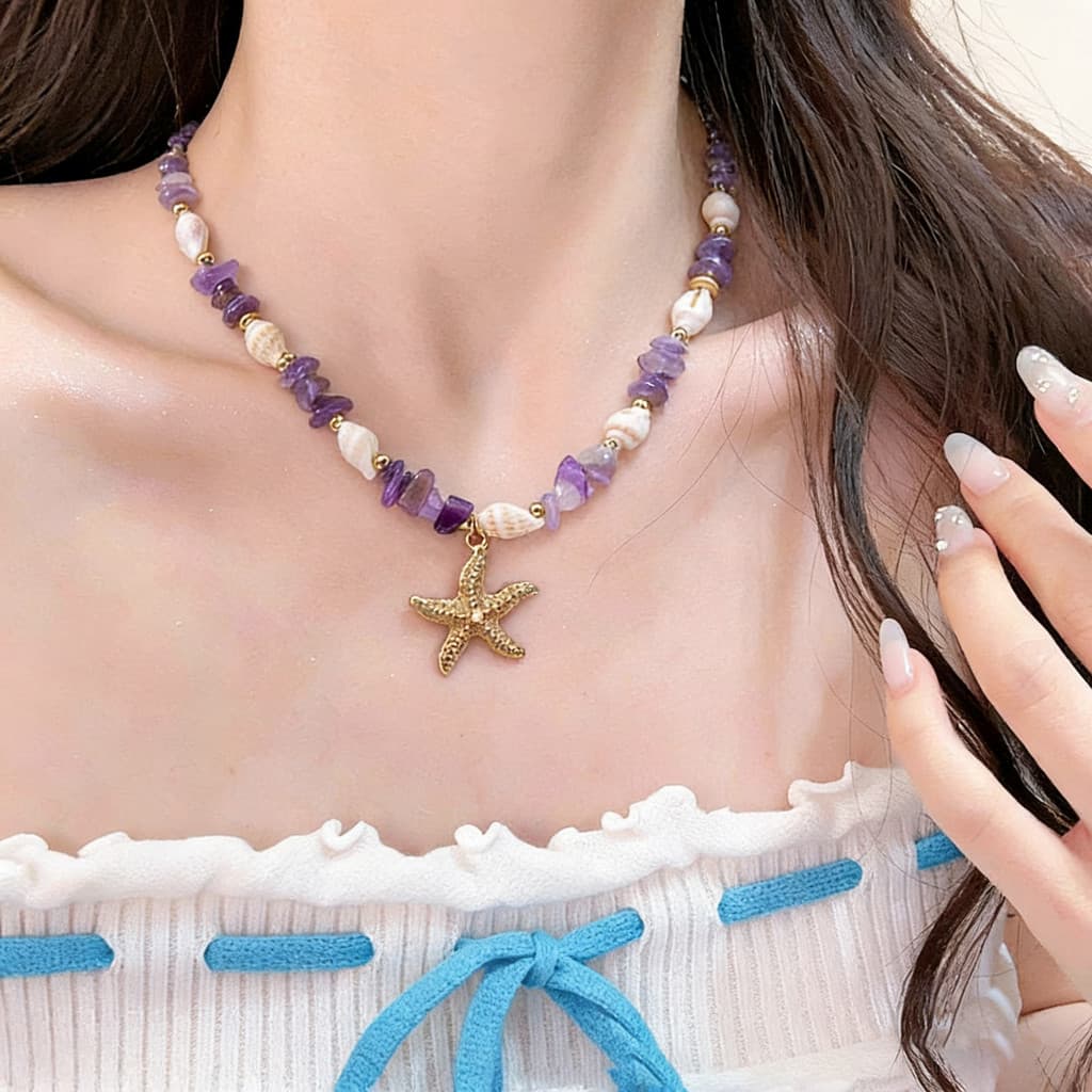 สร้อยคอรูปปลาดาว ลูกปัดหิน+หอย สร้อยข้อมือ ฝีมือประณีตงดงาม ตกแต่งด้วยกรวด มีหลายแบบให้เลือก รูปที่ 3