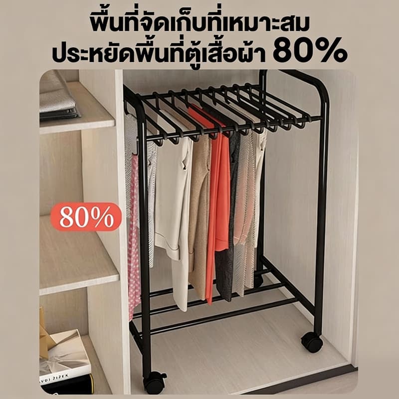 ราวแขวนเสื้อมีล้อ เคลื่อนย้ายง่าย ประหยัดพื้นที่ ชั้นวางเสื้อผ้า แข็งแรง ใช้ในบ้าน พร้อมไม้แขวนฟรี การตากผ้าและกางเกง รูปที่ 7