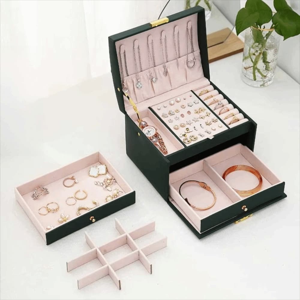 WREN Jewelry Organizer ที่เก็บต่างหูและสร้อยคอสามชั้น​ กล่องเก็บเครื่องประดับความจุขนาดใหญ่พร้อมกุญแจ​ กล่องใส่เครื่องประดับสําหรับเดินทางแบบถือหนัง ปู่​ ตารางโต๊ะเครื่องแป้งองค์กร​ รูปที่ 9