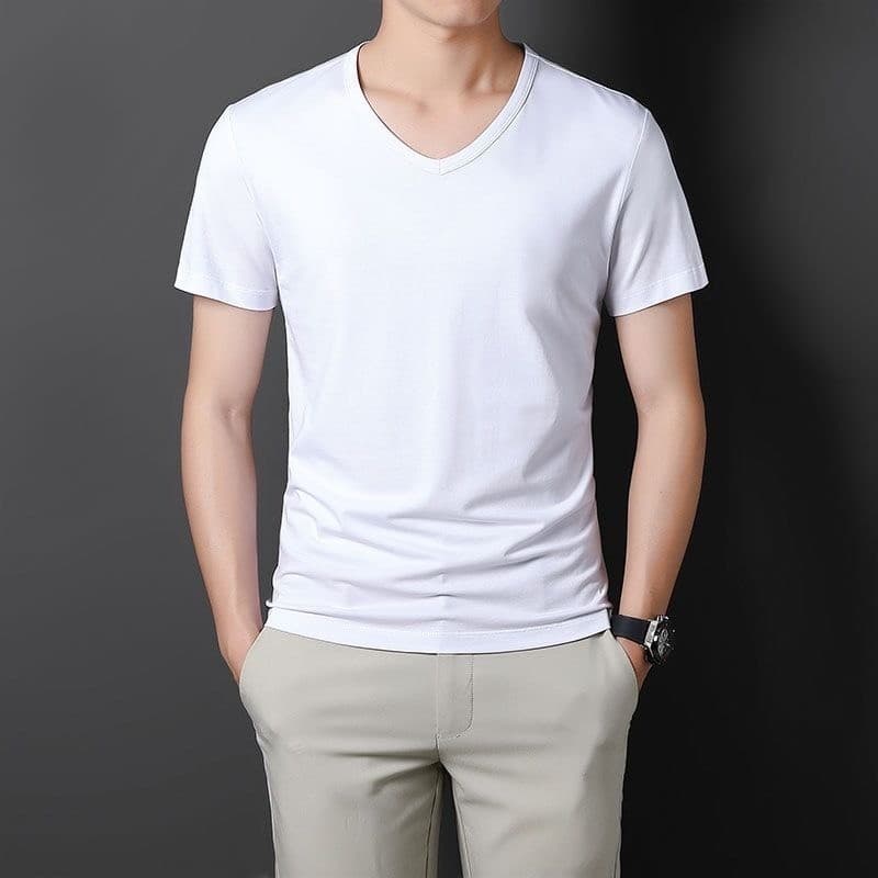 เสื้อยืดแขนสั้นผู้ชาย แบบคอวีบาง สไตล์ลำลอง สีทึบ ทรงกระโปรงสั้น รูปที่ 7