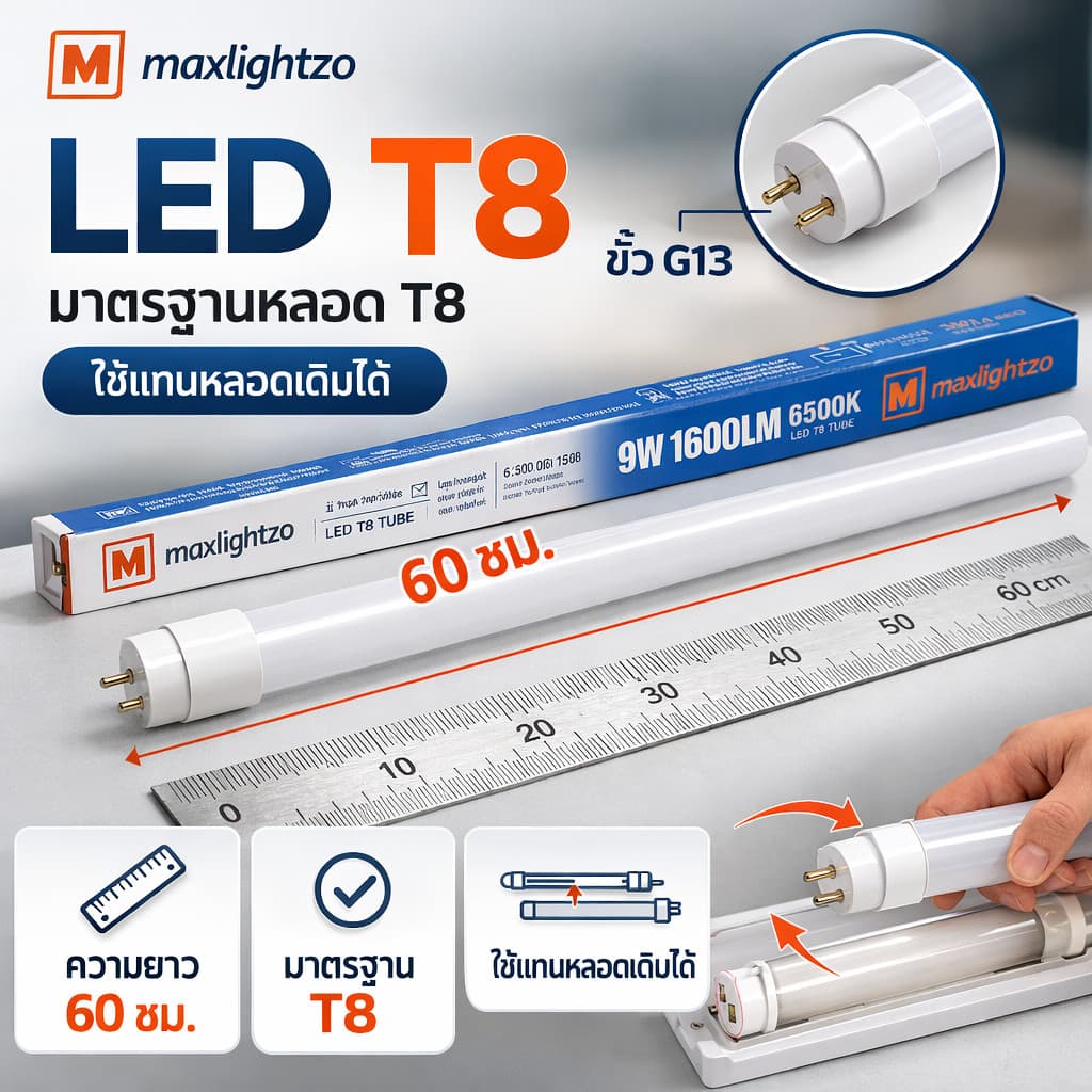 สว่างจัดเต็ม รางไฟพร้อมหลอด LED T8 9W 60ซม. 1600lm แสงขาว 6500K ต่อไฟตรง 220V หลอดนีออน LED พร้อมติดตั้ง รับประกัน 1 ปี รูปที่ 4