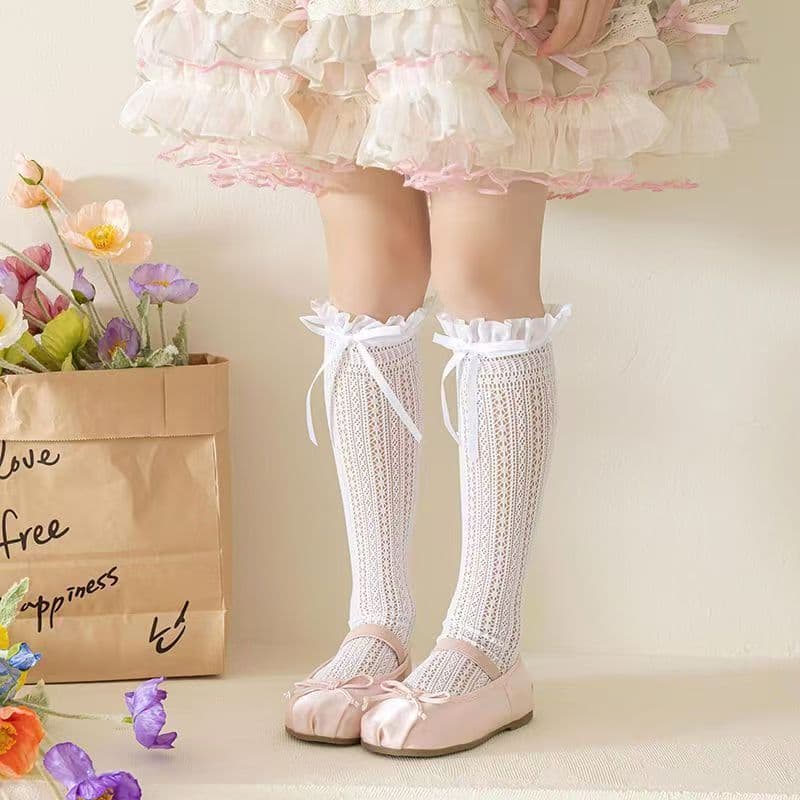 จัดส่งจากประเทศไทยถุงเท้าสูงถึงเข่าสำหรับเด็กผู้หญิง สีพื้น ทำจากวัสดุตาข่ายระบายอากาศ ตกแต่งด้วยโบว์น่ารัก สไตล์ JK รูปที่ 6
