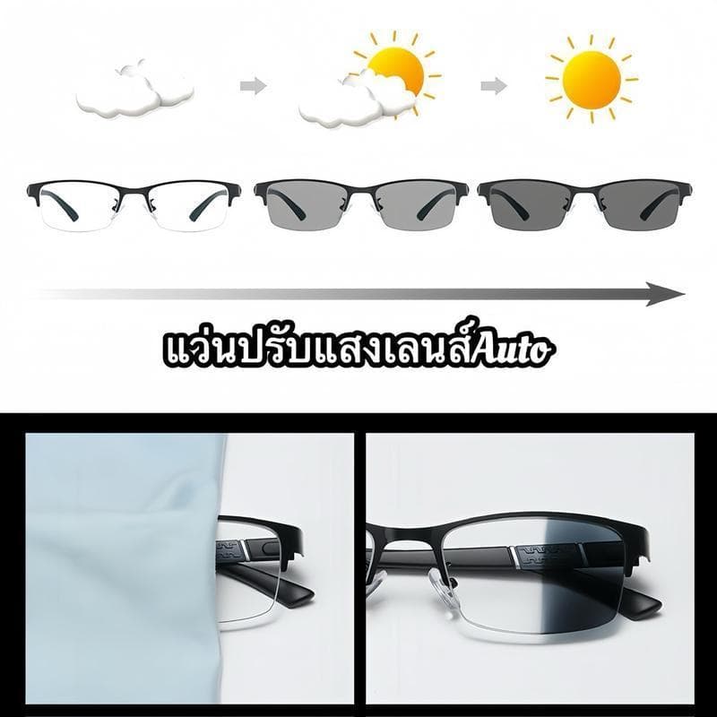 แว่นตาแบบครึ่งกรอบทรงทันสมัยสำหรับธุรกิจ เหมาะสำหรับคนสายตาสั้นและสายตายาว โดยสีจะปรับอัตโนมัติตามความเข้มของแสงแดด รูปที่ 2