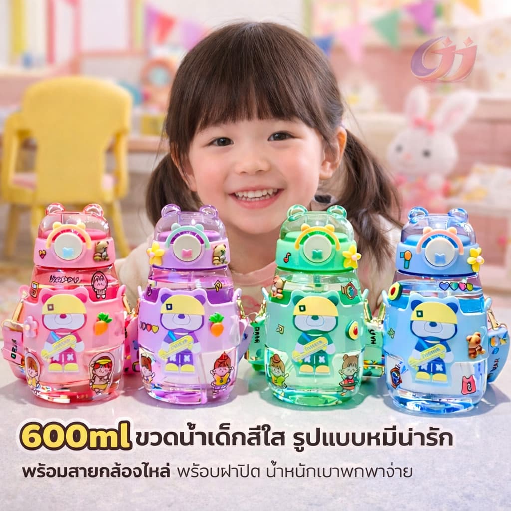 สะพายข้างได้ ขวดน้ำเด็ก600MLความจุสูง หลากหลายรูปแบบให้เลือก รูปแบบการ์ตูนน่ารัก การ์ตูนสุดฮิตปลอดภัย สดใสขวดน้ำคุณภาพดี รูปที่ 1