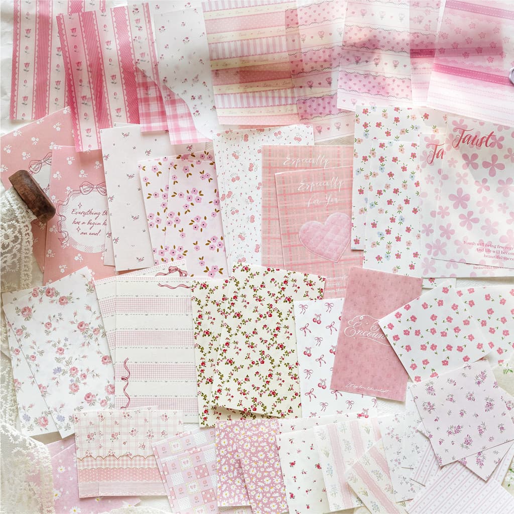 QOUZMO Mixed Paper Floral Material Pack | 6รูปแบบ52แผ่นวินเทจวารสารตกแต่ง รูปที่ 8