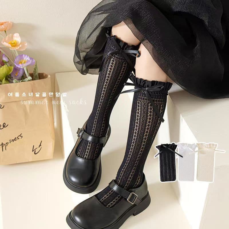 จัดส่งจากประเทศไทยถุงเท้าสูงถึงเข่าสำหรับเด็กผู้หญิง สีพื้น ทำจากวัสดุตาข่ายระบายอากาศ ตกแต่งด้วยโบว์น่ารัก สไตล์ JK รูปที่ 5