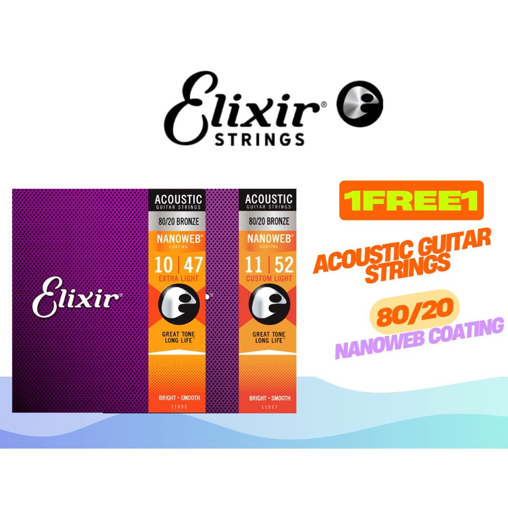 1แถม1 Elixir Acoustic Guitar Strings Bronze NanoWeb Coating Antirustสายกีตาร์โปร่ง รูปที่ 1