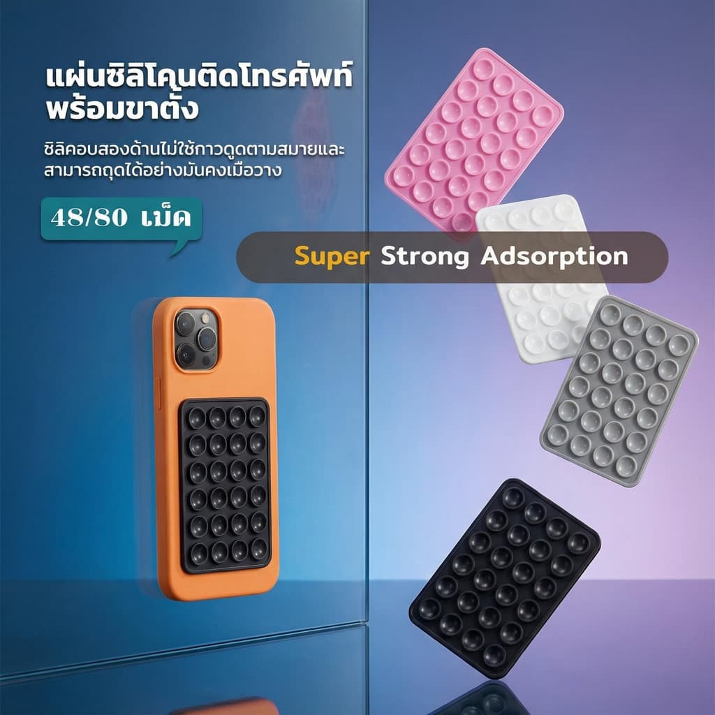 ที่ยึดโทรศัพท์ Silicone Suction ไม่ต้องใช้กาว ใช้ซ้ำได้ ติดได้ 2 ด้าน ดูดแน่น ยกชุด 48/80 ปุ่ม รูปที่ 1