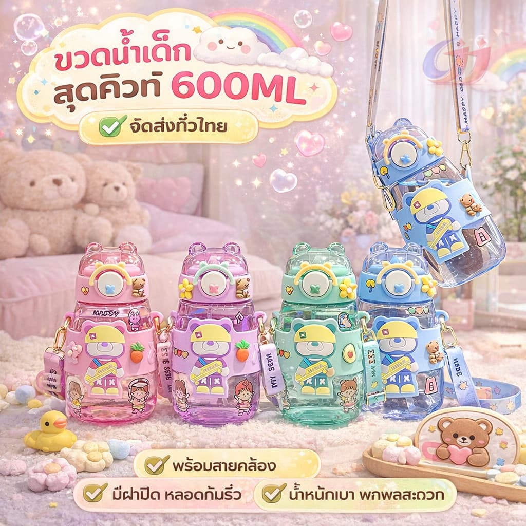 สะพายข้างได้ ขวดน้ำเด็ก600MLความจุสูง หลากหลายรูปแบบให้เลือก รูปแบบการ์ตูนน่ารัก การ์ตูนสุดฮิตปลอดภัย สดใสขวดน้ำคุณภาพดี รูปที่ 3