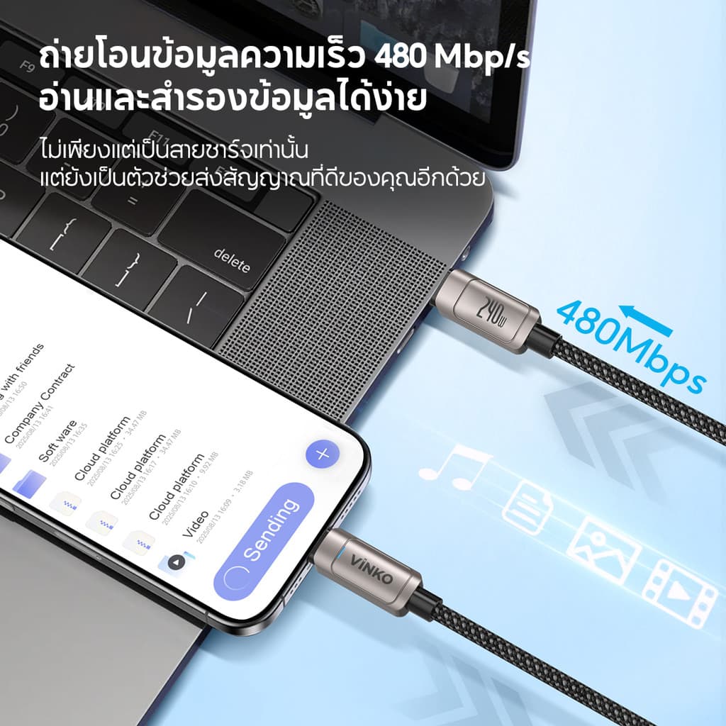 VINKO N1001 1M/2M 240W Type-C ถึง Type-C USB-C สายชาร์จเร็ว รูปที่ 3