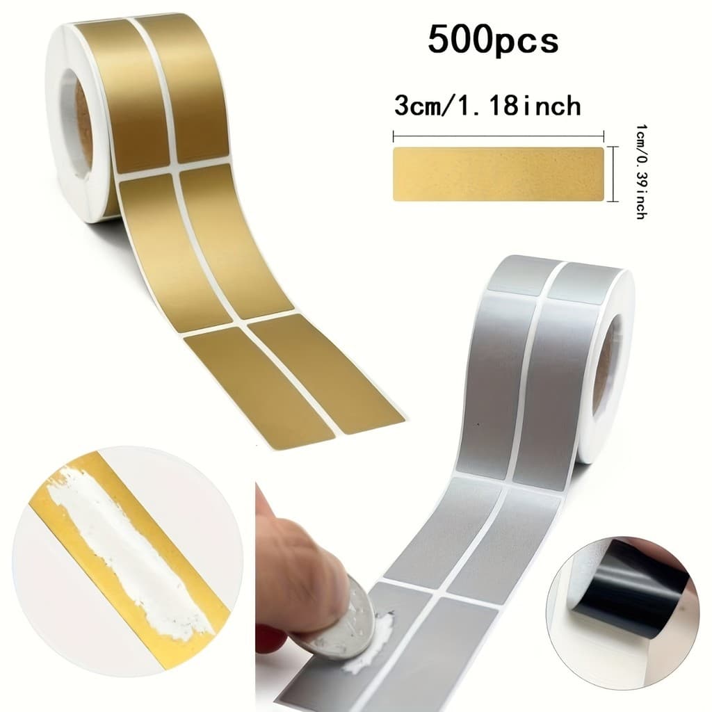 500 ม้วน 1*3 ซม.Golden Silvery Scratch สติกเกอร์สี่เหลี่ยมผืนผ้าอุปกรณ์สํานักงาน DIY Party Event ของขวัญ Scratch Card ป้ายรางวัลสติกเกอร์ รูปที่ 1