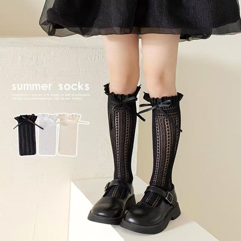จัดส่งจากประเทศไทยถุงเท้าสูงถึงเข่าสำหรับเด็กผู้หญิง สีพื้น ทำจากวัสดุตาข่ายระบายอากาศ ตกแต่งด้วยโบว์น่ารัก สไตล์ JK รูปที่ 2
