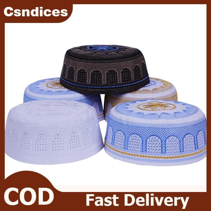 Csndices ใหม่หมวกสวดมนต์ผ้าฝ้ายปักลายผู้ชายมุสลิม Saudi Arabia อิสลาม Headscarf Topkippot Turban หมวกซาอุดี TH