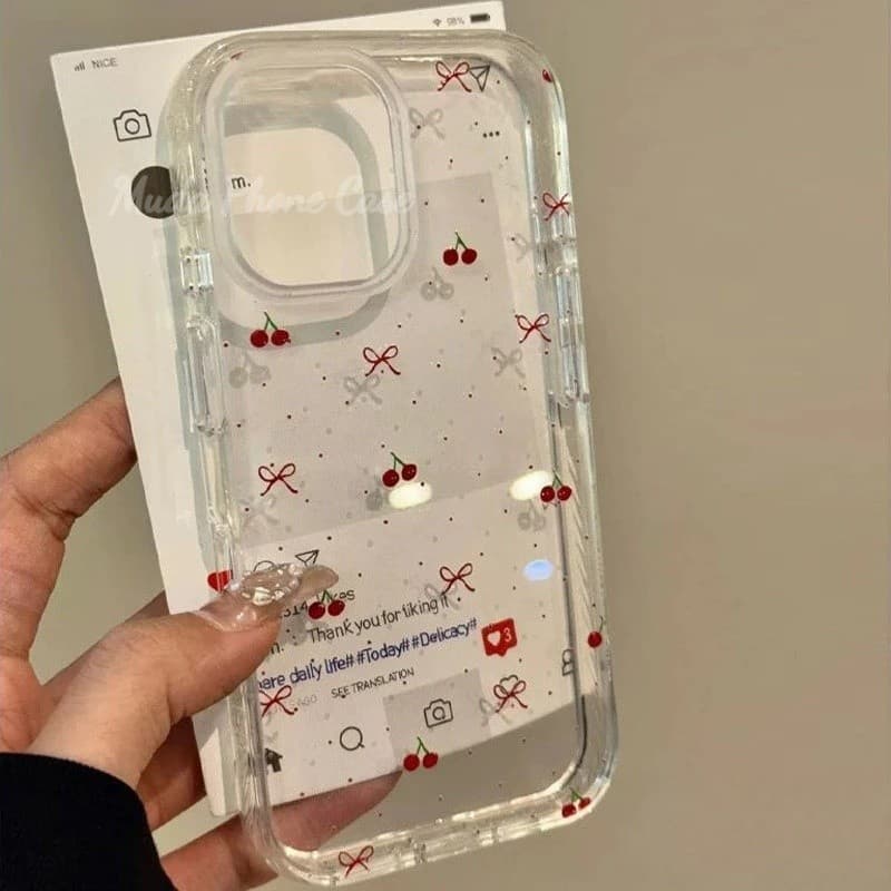 เคสไอโฟน11 สำหรับ iPhone 13 15 11 14 12 Pro Max 7Plus XR 7 8 15 14Plus X XS Max SE 2020 ผ้าคลุมนุ่มเชอร์รี่โรแมนติกหวาน รูปที่ 2