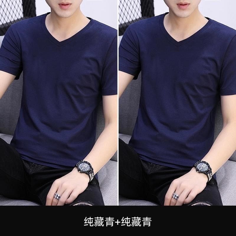 เสื้อยืดแขนสั้นผู้ชาย แบบคอวีบาง สไตล์ลำลอง สีทึบ ทรงกระโปรงสั้น รูปที่ 8