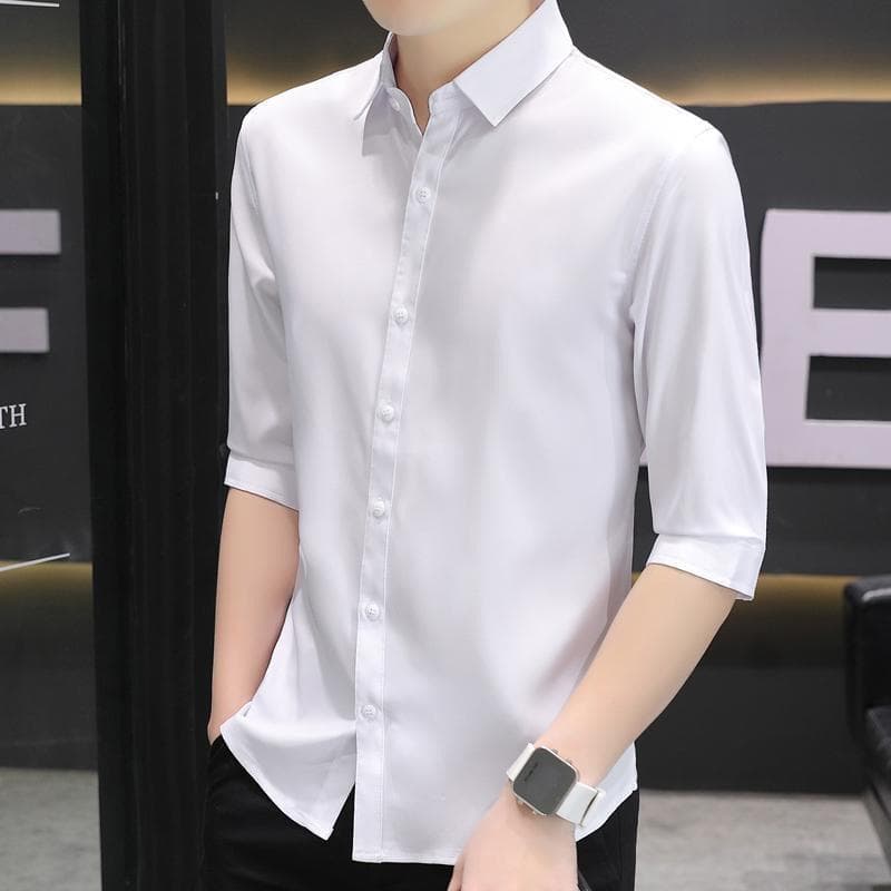 เสื้อแขน3/4ผู้ชาย ลายสไตล์เกาหลี สลิมฟิต ผ้าไหมน้ำแข็ง เหมาะสำหรับใส่ทำงานหรือลำลอง รูปที่ 5