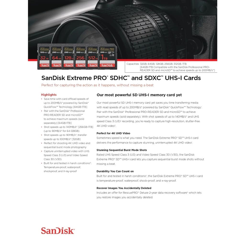 ของแท้ SanDisk SD Card Extreme Pro SDXC Speed R 200MBs 32GB 64GB 128GB เมมโมรี่การ์ด กล้อง DSLR รูปที่ 8