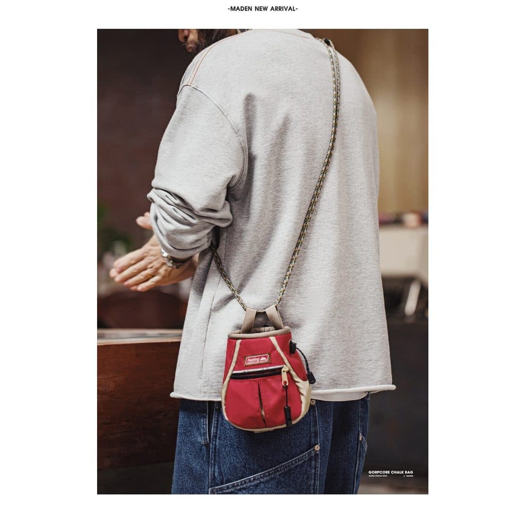 MADEN Men American Mountain Style Chalk Bag Outdoor Crossbody Bag Red Portable Open Top Storage Bag รูปที่ 3