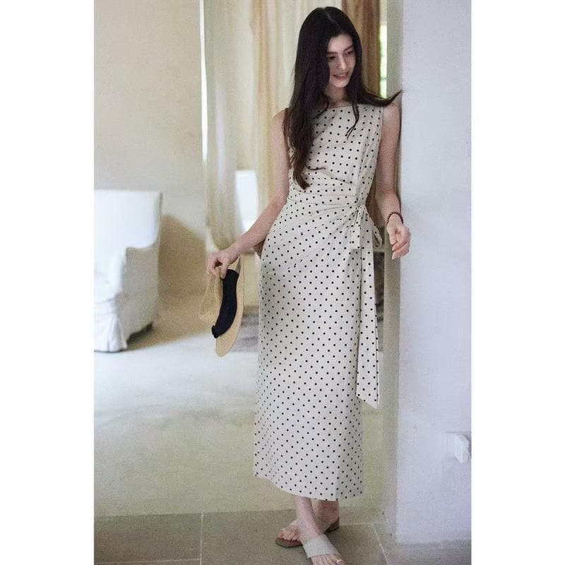Chili#เดรสยาวแขนกุดลายจุด มีเชือกผูกด้านข้างเอว ดูหรูหราและมีสไตล์ เหมาะสำหรับโอกาสต่างๆ#99292 รูปที่ 7