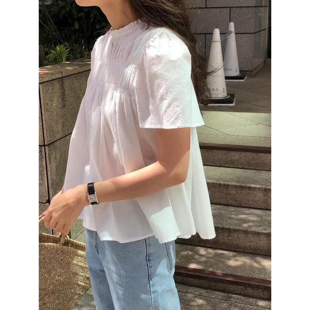 Baby Grape เสื้อเชิ้ตแขนพองผู้หญิง แขนสั้น เสื้อทรงหลวม ลำลอง ลูกไม้ ระบาย สไตล์เกาหลี#W628 รูปที่ 8