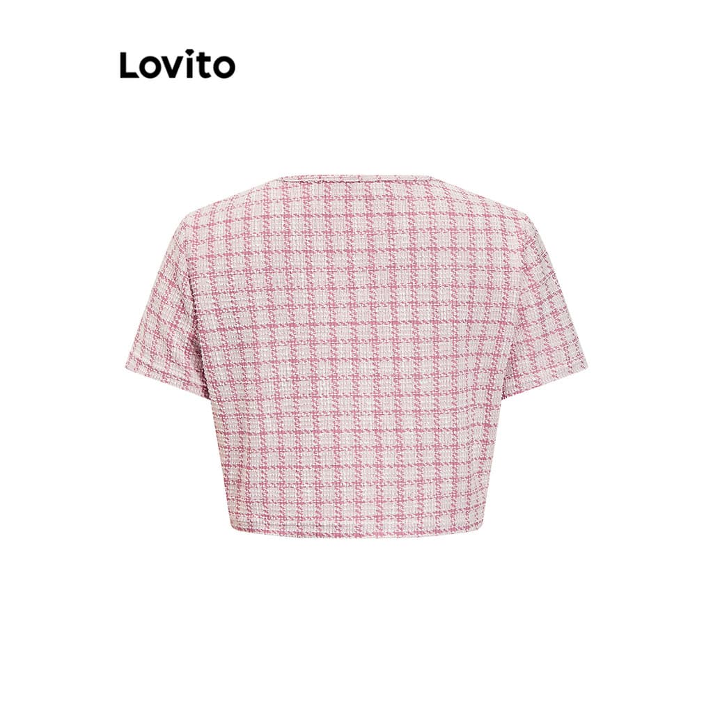 Lovito สง่างาม ฤดูใบไม้ผลิและฤดูร้อนเสื้อผูกด้านหน้าพื้นผิวผ้าลายสก๊อตลูกไม้ขึ้นเสื้อผู้หญิง L90AD001 รูปที่ 5