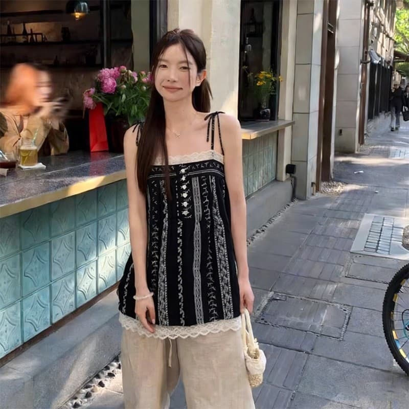 ZIRA เสื้อสายเดี่ยว สไตล์เกาหลี แฟชั่นสุดฮิต ผ้าปั้มนูนลายดอก งานลูกไม้เลส ลูกบานกระดุมหัวใจ ยางยืด น่ารัก รูปที่ 8