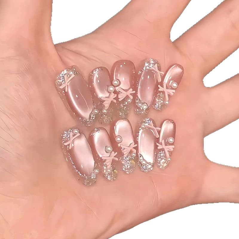 เล็บปลอม โบว์สีชมพู เล็บปลอมติด เล็บปลอมเจล งานแฮนด์เมด Nail ใช้ซ้ําได้ เล็บปลอมกดติดถอดได้ รูปที่ 9
