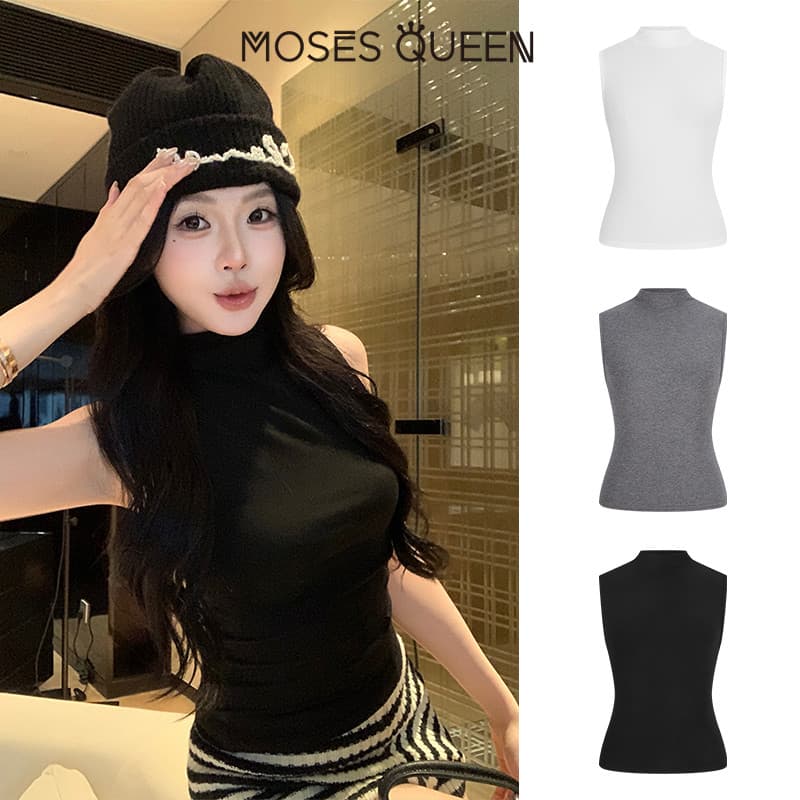 MOSESMQUIN ท้อปผู้หญิง คอเต่า แขนกุด สองด้านได้ นุ่ม สบาย และกระชับ เหมาะสำหรับสวมใส่ในทุกวันและโอกาสพิเศษ #63574 รูปที่ 4