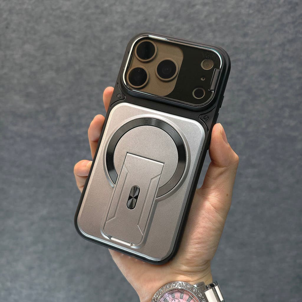 หรูหราขาตั้งพับในตัวสร้างสรรค์พลิกเลนส์ป้องกันป้องกันลายนิ้วมือเคสโทรศัพท์แม่เหล็กสําหรับiPhone 11 12 13 14 15 16 17 Pro Max Air Plusกันกระแทกกลับกรณี รูปที่ 2