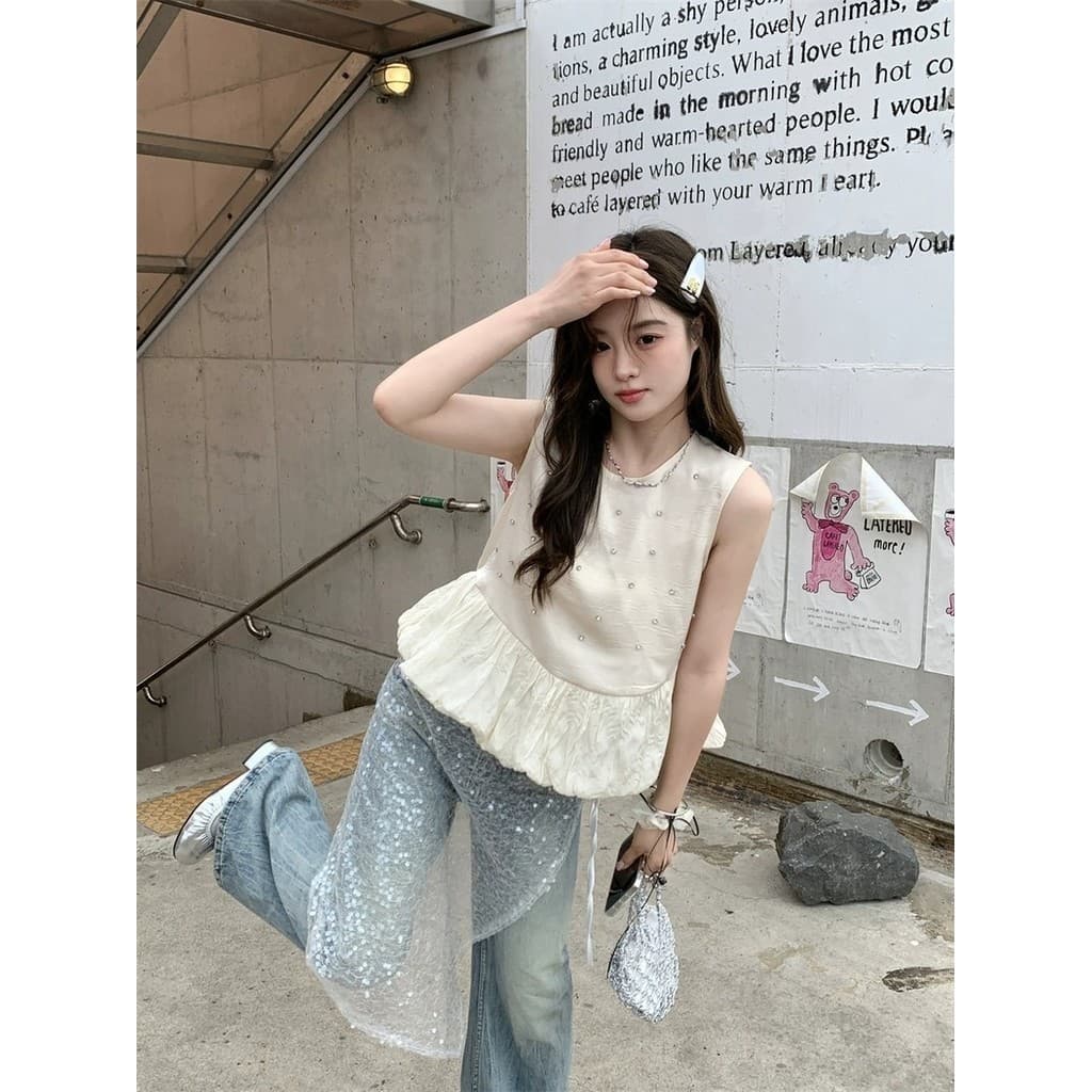 Vogue เสื้อกล้ามไหมพรม คอกลม ดีเทลแต่งปลายสีครีม รูปที่ 5