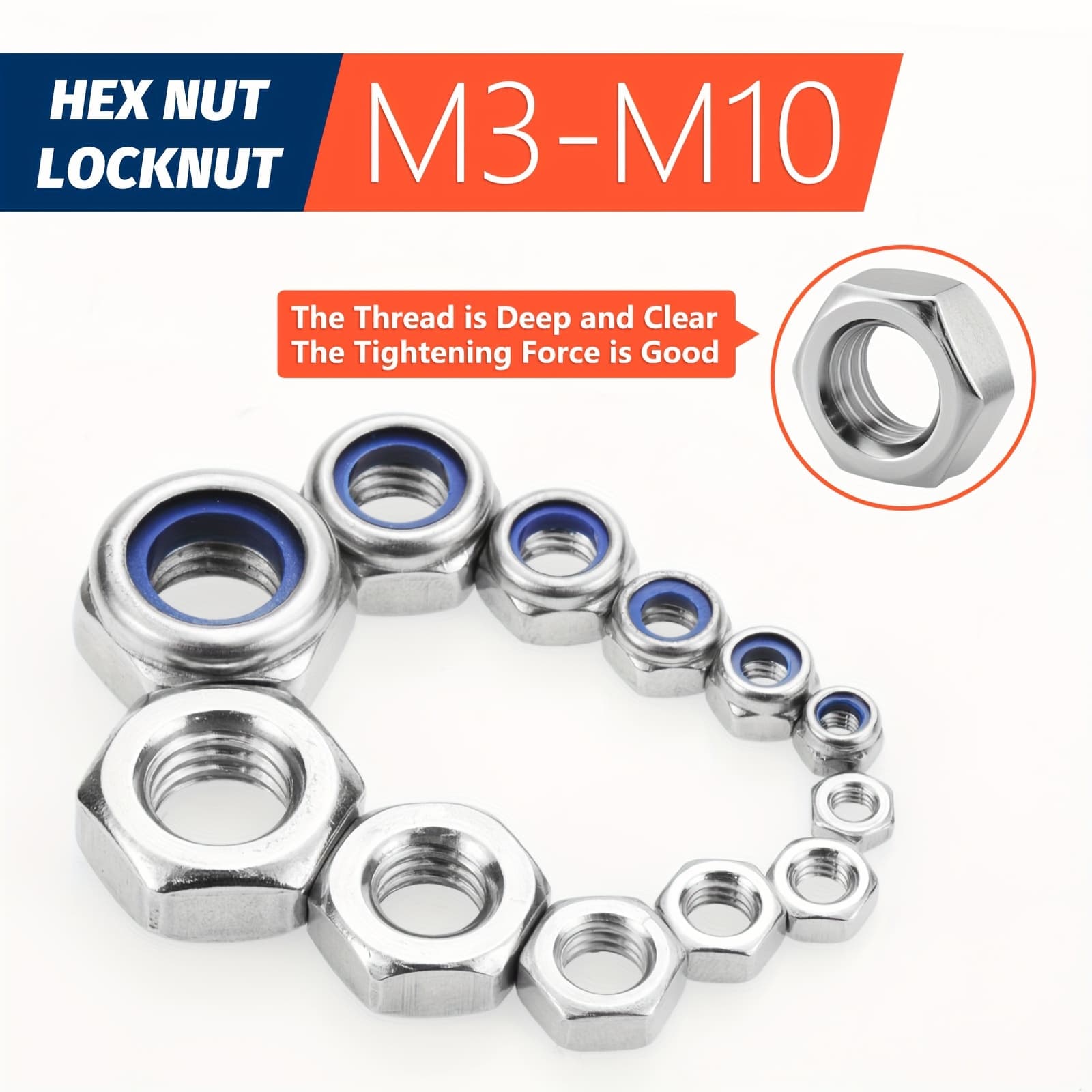 SANJODS สแตนเลสสตีลเมตริกฮาร์ดแวร์ Fastener Kit Locknuts และ Hex Nuts M3 ถึง M10 175 ชิ้น รูปที่ 4