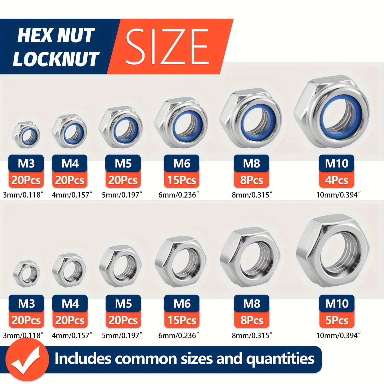 SANJODS สแตนเลสสตีลเมตริกฮาร์ดแวร์ Fastener Kit Locknuts และ Hex Nuts M3 ถึง M10 175 ชิ้น รูปที่ 2