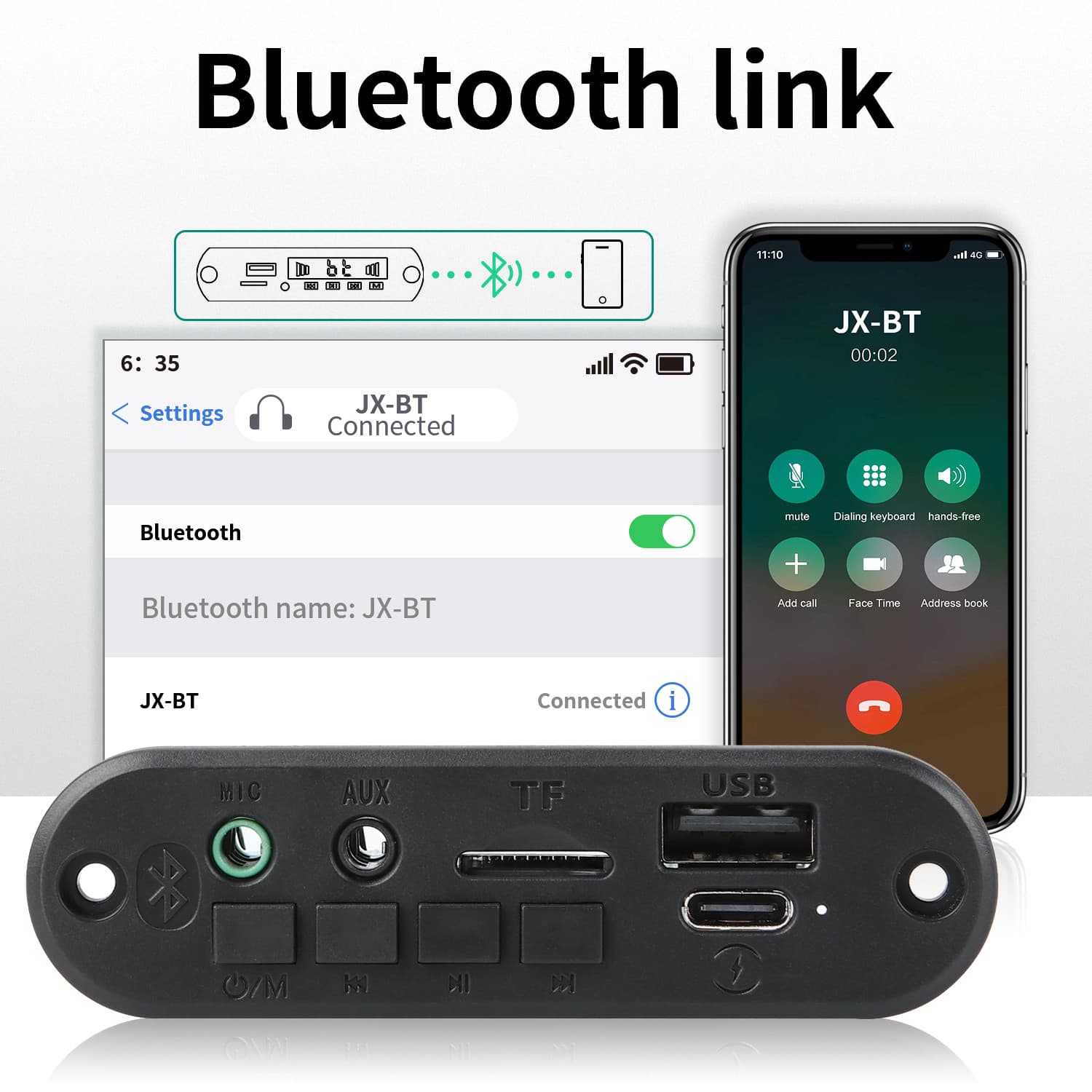 2*3W 6W เครื่องขยายเสียง 5V MP3 บอร์ดบลูทูธ 5.0 เสียงสเตอริโอ DIY รถ MP3 เครื่องเล่นวิทยุ FM TF USB 3.5 มม.แจ็คไมโครโฟนบันทึก Call รูปที่ 5