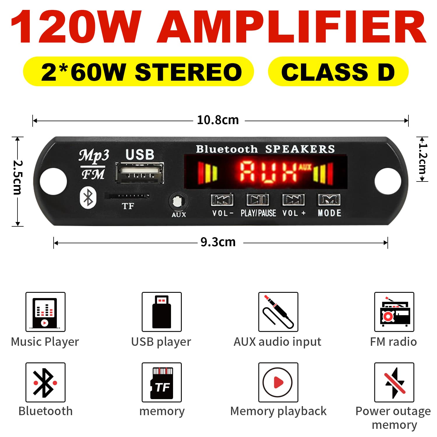 120W เครื่องขยายเสียงบลูทูธ 5.0 บอร์ดเครื่องเล่น 12V DIY MP3 เครื่องเล่นรถวิทยุ FM โมดูล TF USB Mic รูปที่ 2