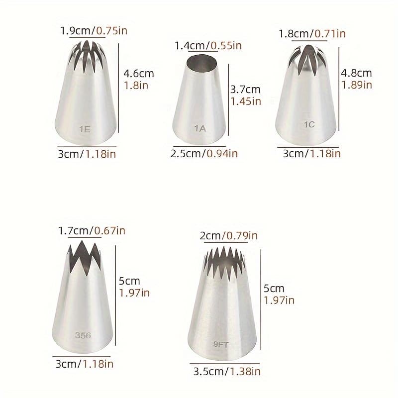 หัวฉีดตกแต่งขนาดใหญ่5ชิ้นชุดรวมกันสแตนเลสเครื่องมืออบตกแต่ง8-ฟัน18-ฟันรอบครีมถ้วยกระดาษคุกกี้พัฟเค้กบีบหัวฉีด รูปที่ 2