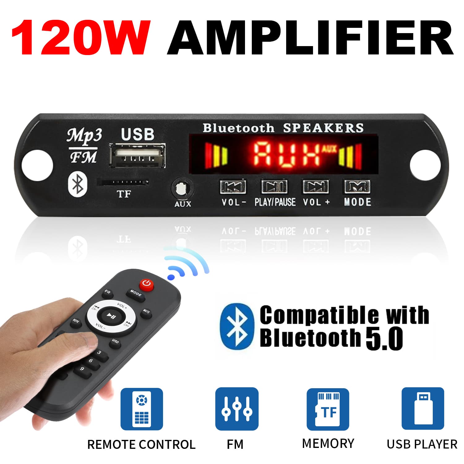 120W เครื่องขยายเสียงบลูทูธ 5.0 บอร์ดเครื่องเล่น 12V DIY MP3 เครื่องเล่นรถวิทยุ FM โมดูล TF USB Mic รูปที่ 4