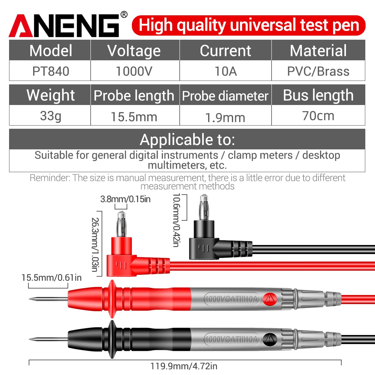 ANENG One ชุด PT840 Premium Test Lead Kit, 1000V 10A มัลติมิเตอร์ Probes พร้อมเข็ม Pins และสายเคเบิลแบบยืดหยุ่นสําหรับการทดสอบ Electronics รูปที่ 2