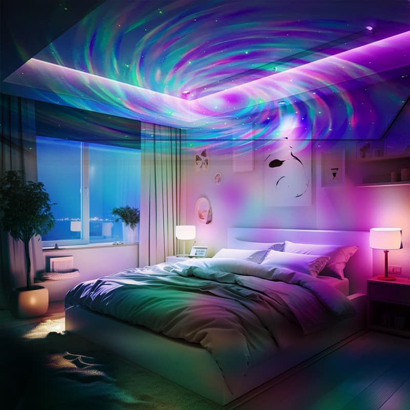 ไฟโปรเจคเตอร์เสียงดนตรีหมุนได้ LED RGB โปรเจคเตอร์หลากสีสำหรับห้องนั่งเล่นและโคมไฟบรรยากาศข้างเตียง รูปที่ 4