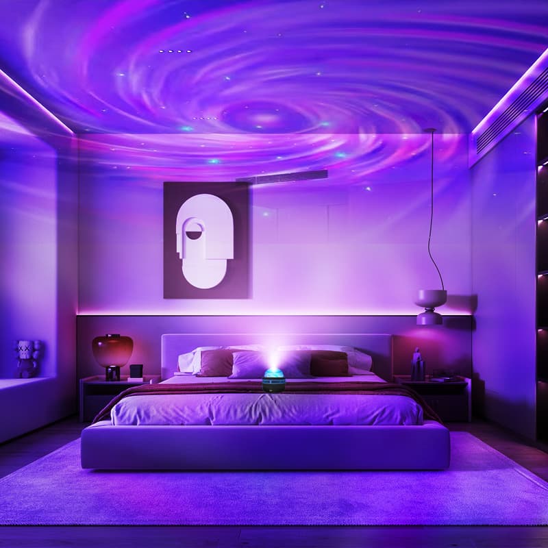 ไฟโปรเจคเตอร์เสียงดนตรีหมุนได้ LED RGB โปรเจคเตอร์หลากสีสำหรับห้องนั่งเล่นและโคมไฟบรรยากาศข้างเตียง รูปที่ 2