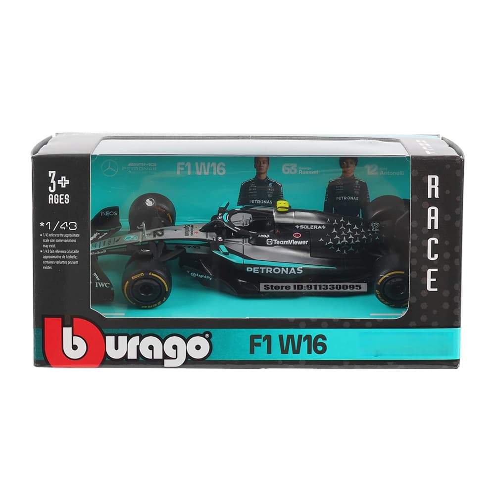 Bburago 1:43 Scale W16 F1 Die-Cast รุ่น - George Russell และ Kimi Antonelli 2025 Edition รถบัสของเล่นเครนรถบรรทุกของเล่น F1 Mercedes รูปที่ 2