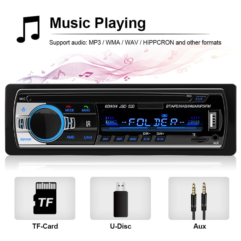 รถวิทยุสเตอริโอ 1 Din MP3 เครื่องเล่น FM เสียงเพลง USB SD บลูทูธดิจิตอลพร้อมสล็อต Dash อินพุต AUX รูปที่ 2