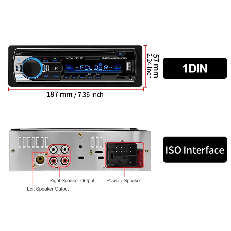 รถวิทยุเครื่องเล่นบลูทูธ 12V สําหรับรถยนต์ 24V สําหรับรถบรรทุก 1Din Sterio 1 Din สเตอริโอ FM เสียงดิจิตอล 60Wx4 รูปที่ 9